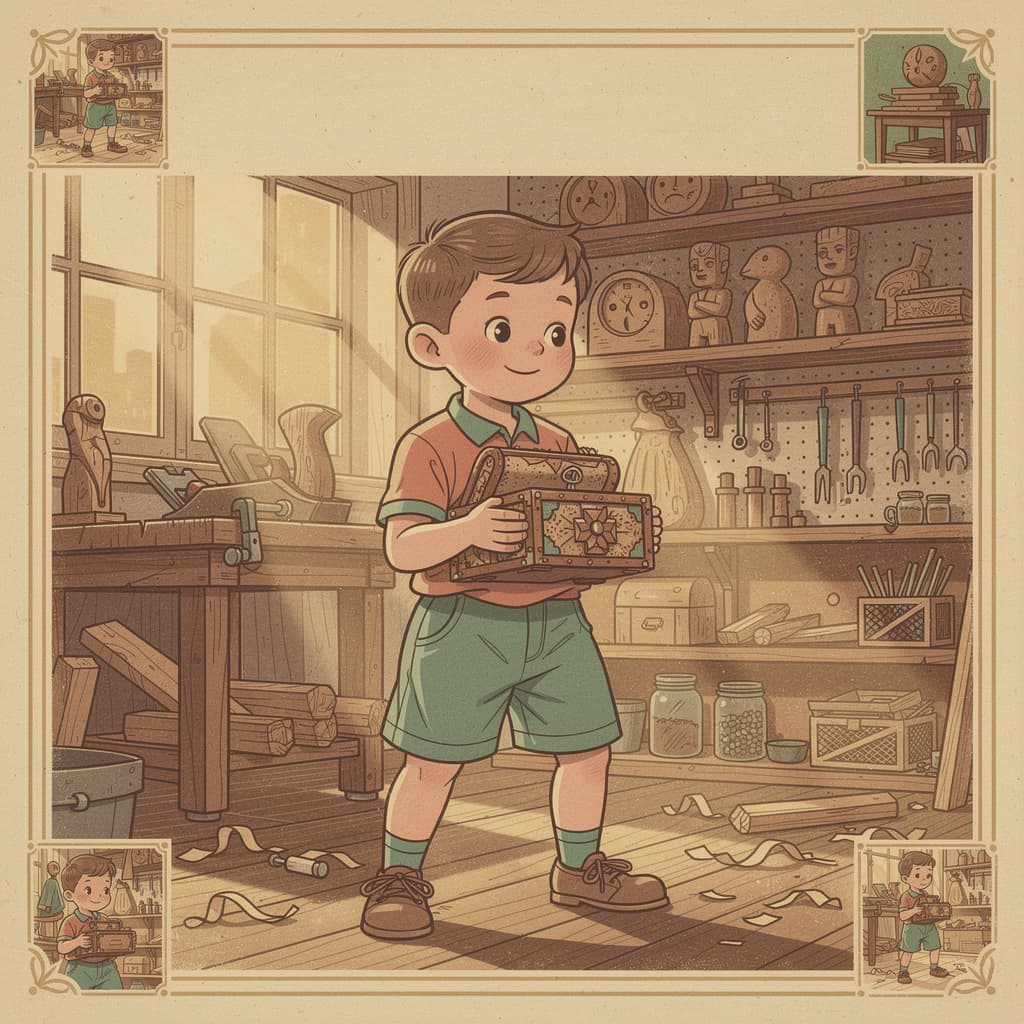 Ezra exploring a garden of questions, vintage illustration style