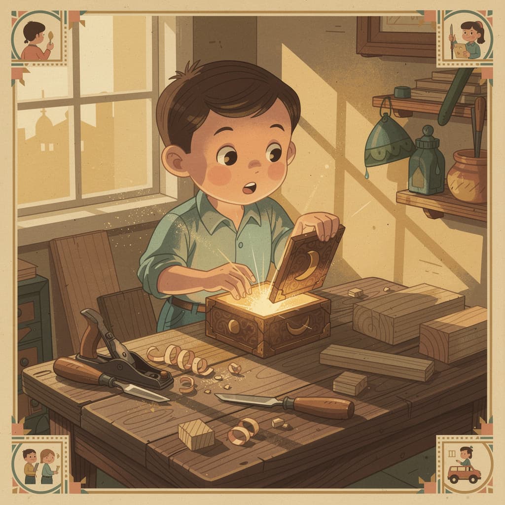 Ezra opening the puzzle box as golden light spills out, vintage illustration